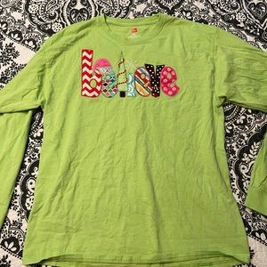 Hanes Long Sleeve Appliqué “Believe” Christmas Shirt Lime Green